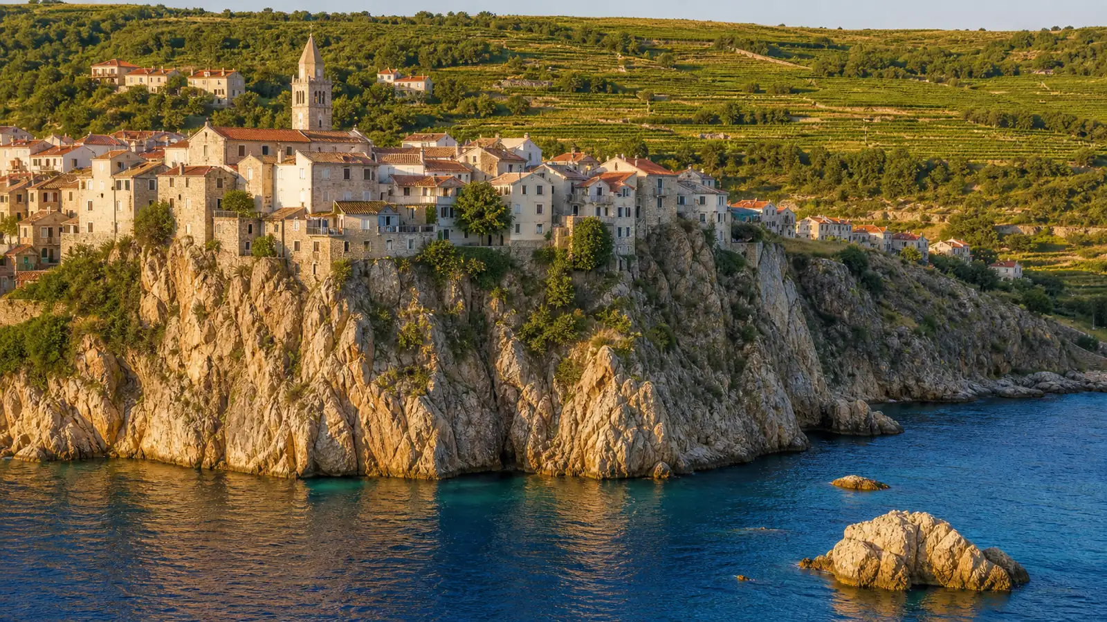 Steinhäuser auf einer Klippe über dem Meer auf der Insel Krk