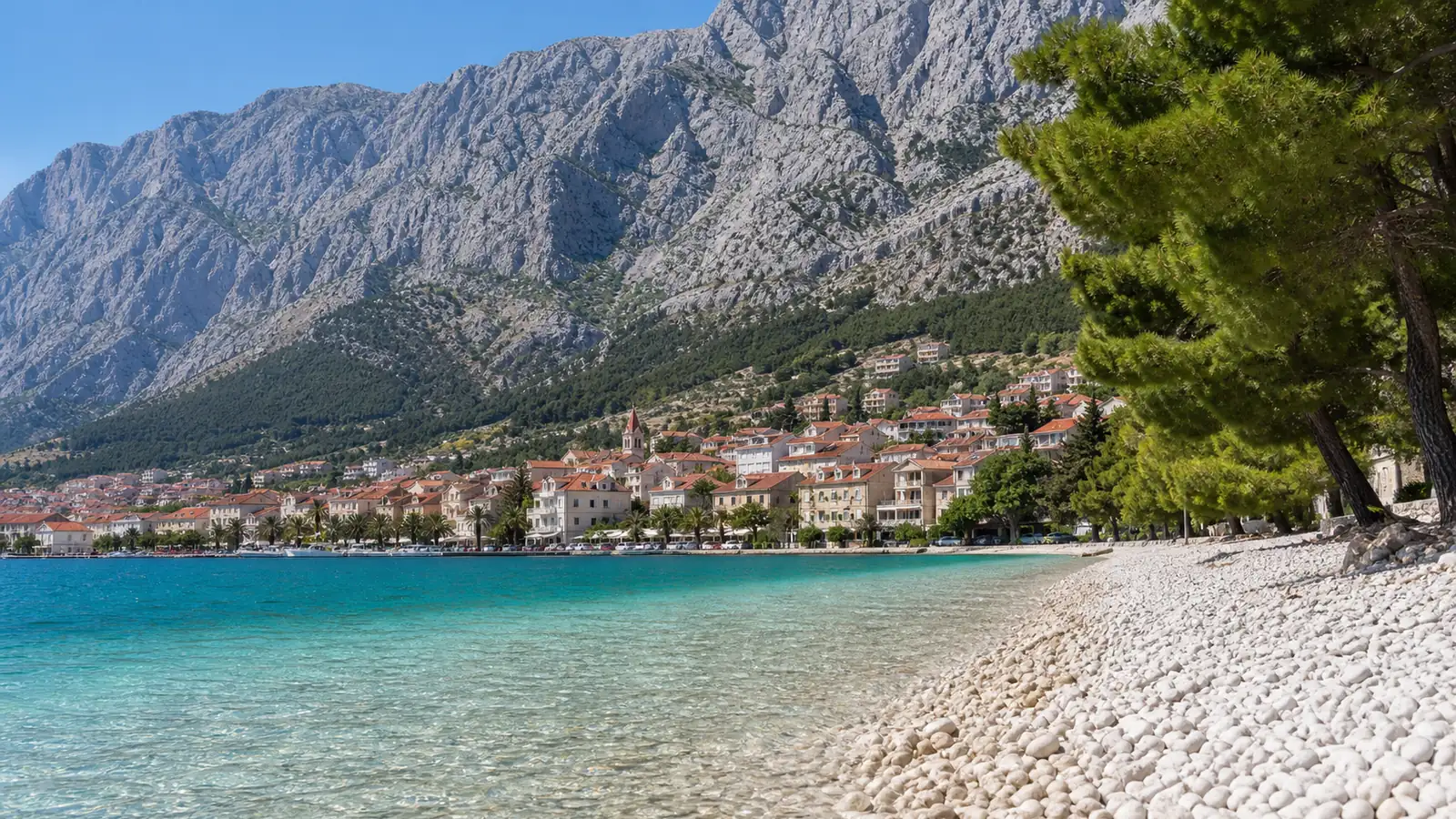 Kiesstrand mit Pinien vor der Felswand des Biokovo