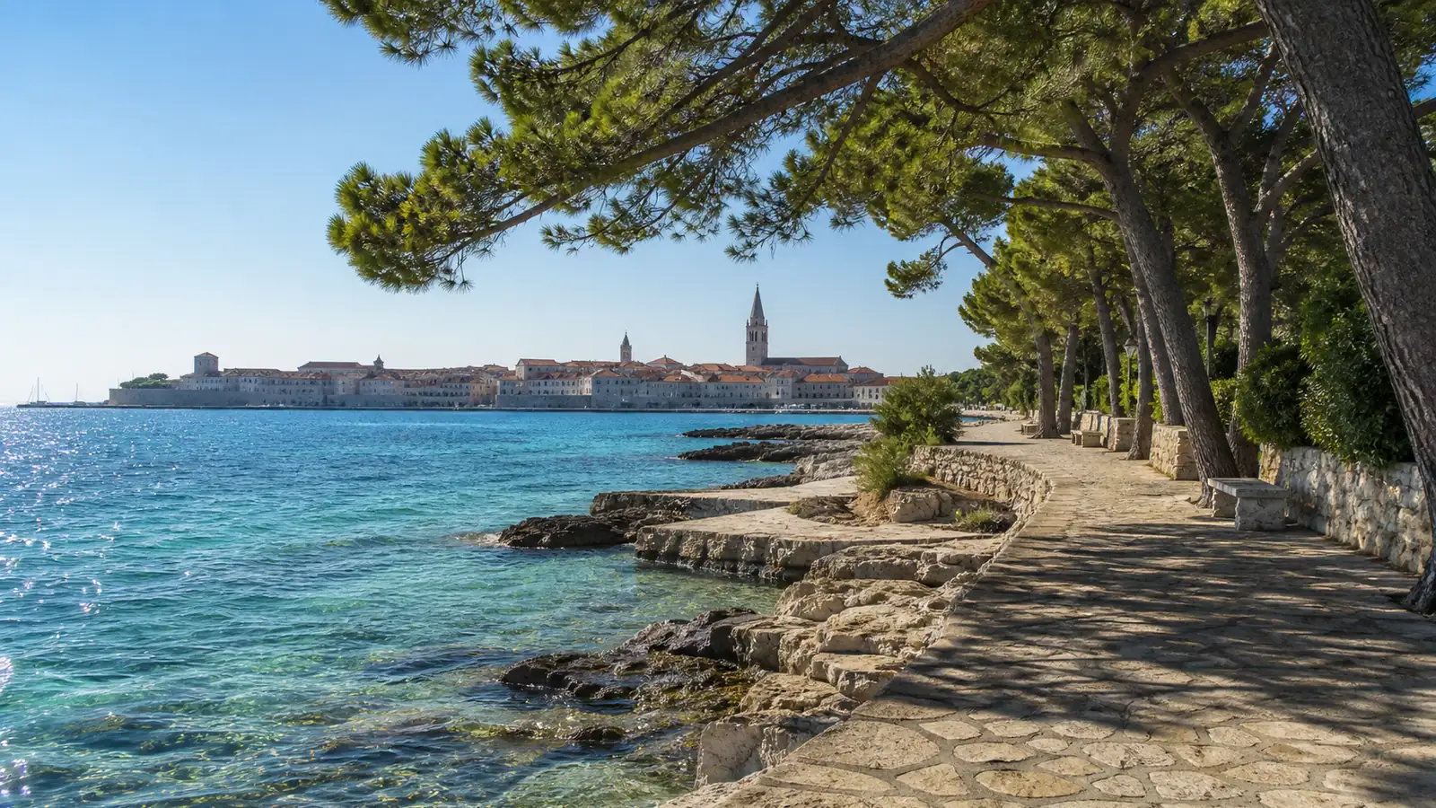 Von Pinien gesäumte Uferpromenade an der Küste bei Poreč