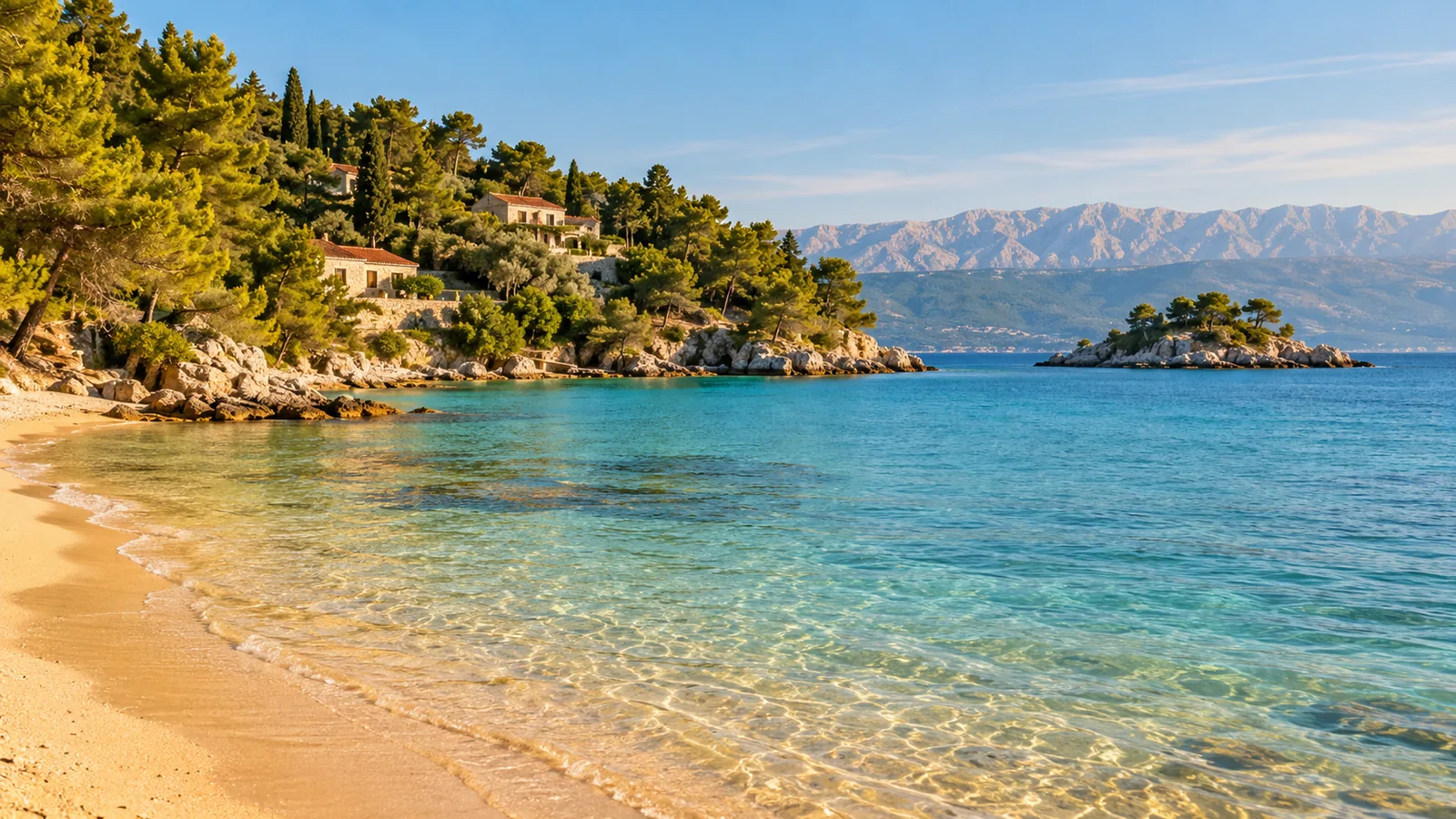 Flache Sandbucht mit türkisem Wasser und Kiefernwald auf der Insel Rab, im Hintergrund das Velebit-Gebirge
