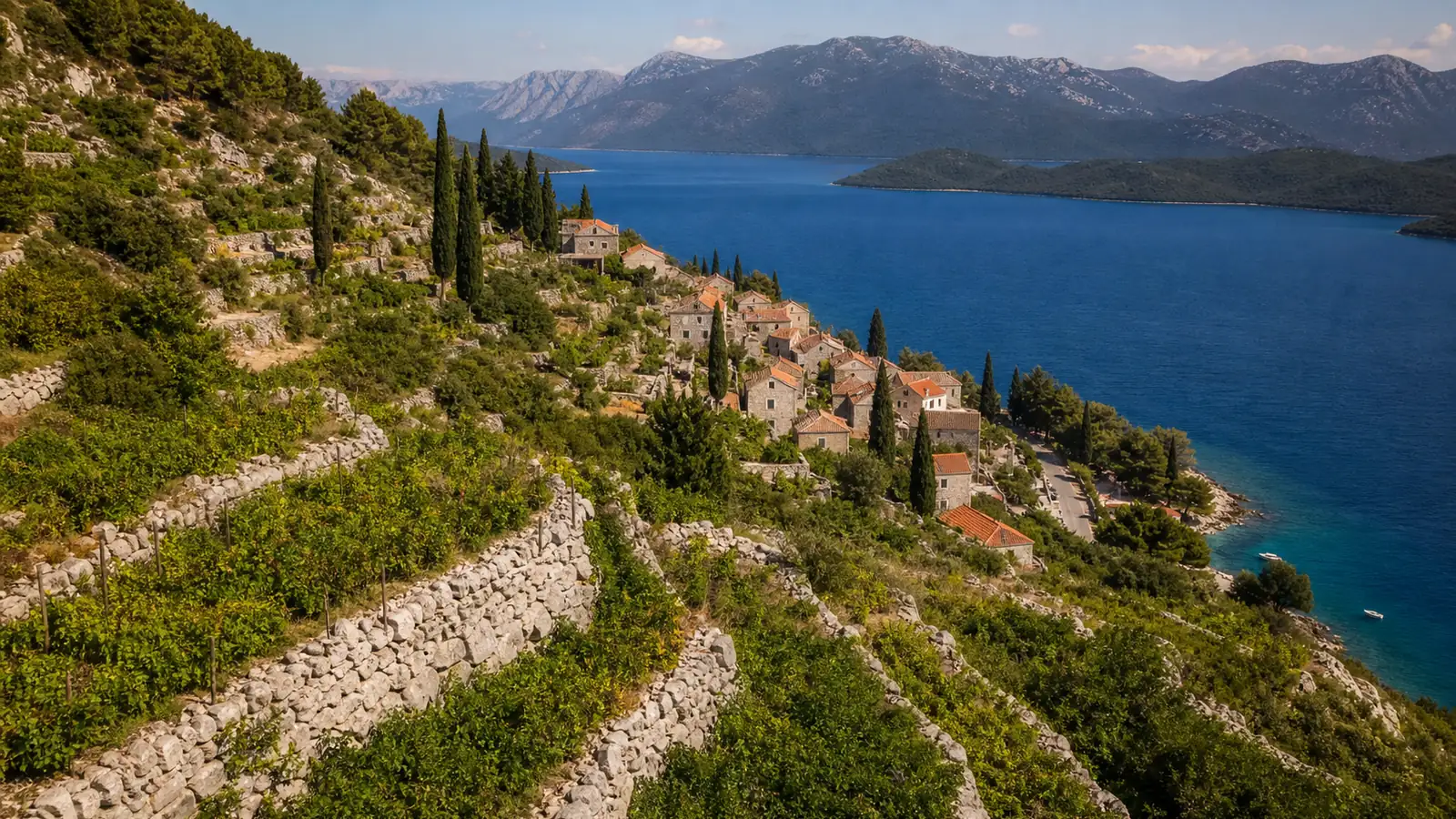 Weinterrassen auf der Halbinsel Pelješac über einer Bucht