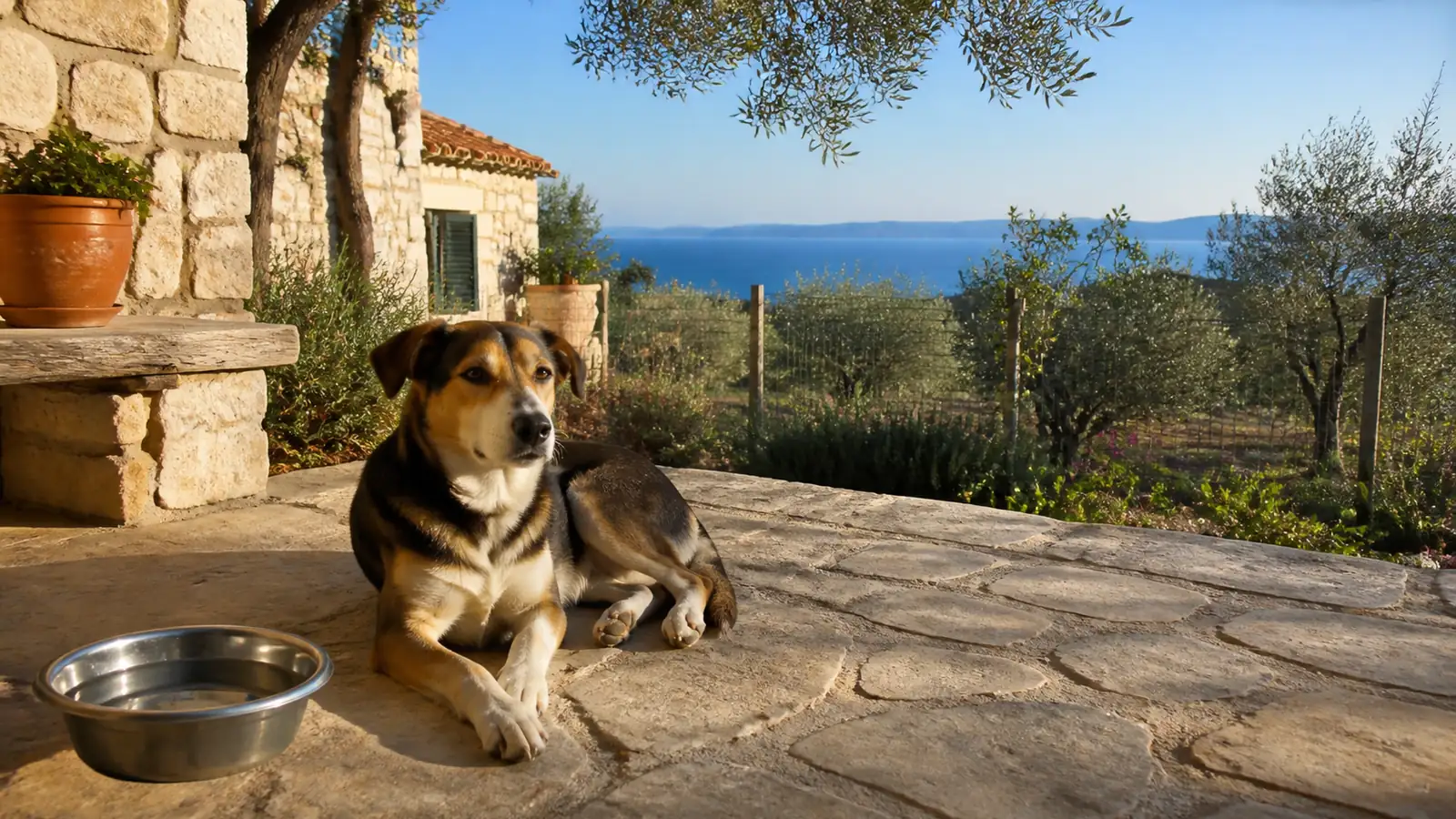 Hund auf der beschatteten Steinterrasse eines kroatischen Ferienhauses