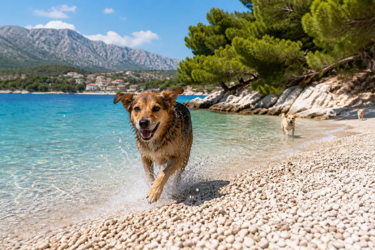 Hund läuft aus dem türkisen Wasser auf einen Kiesstrand an der Adria