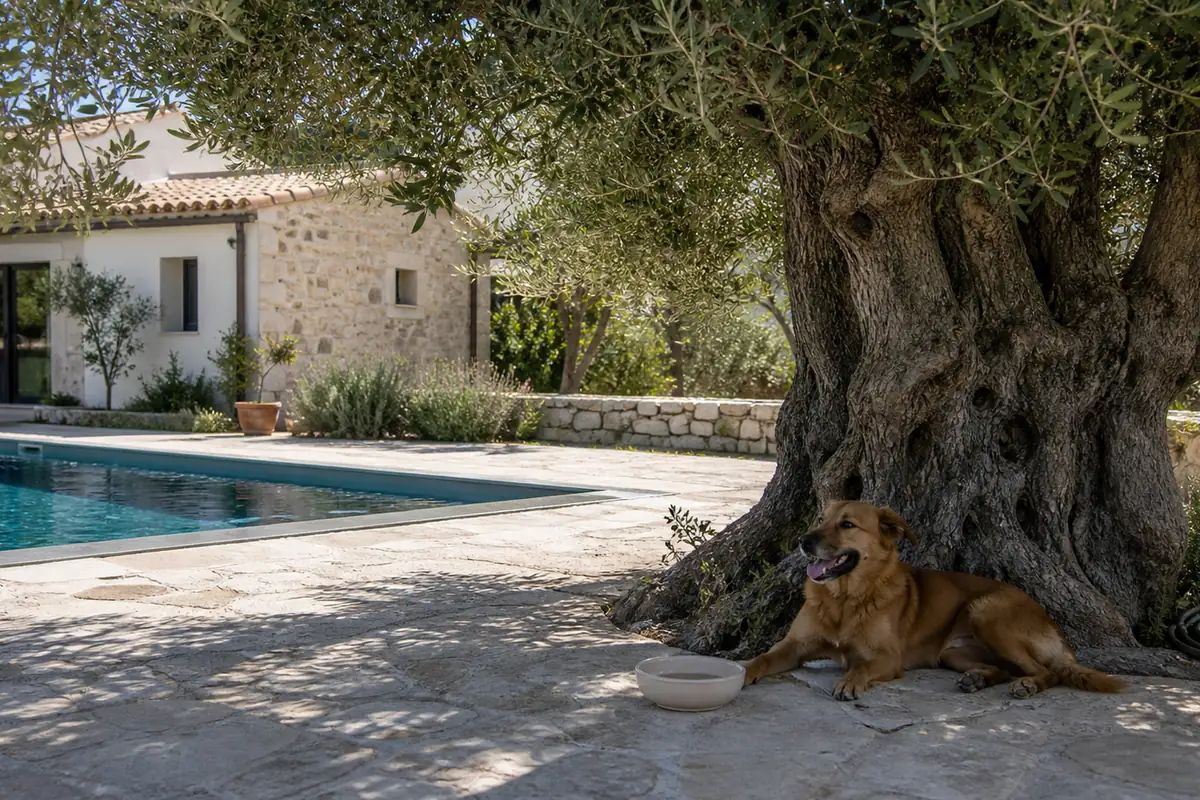 Hund im Schatten unter einem Olivenbaum neben einem Ferienhauspool