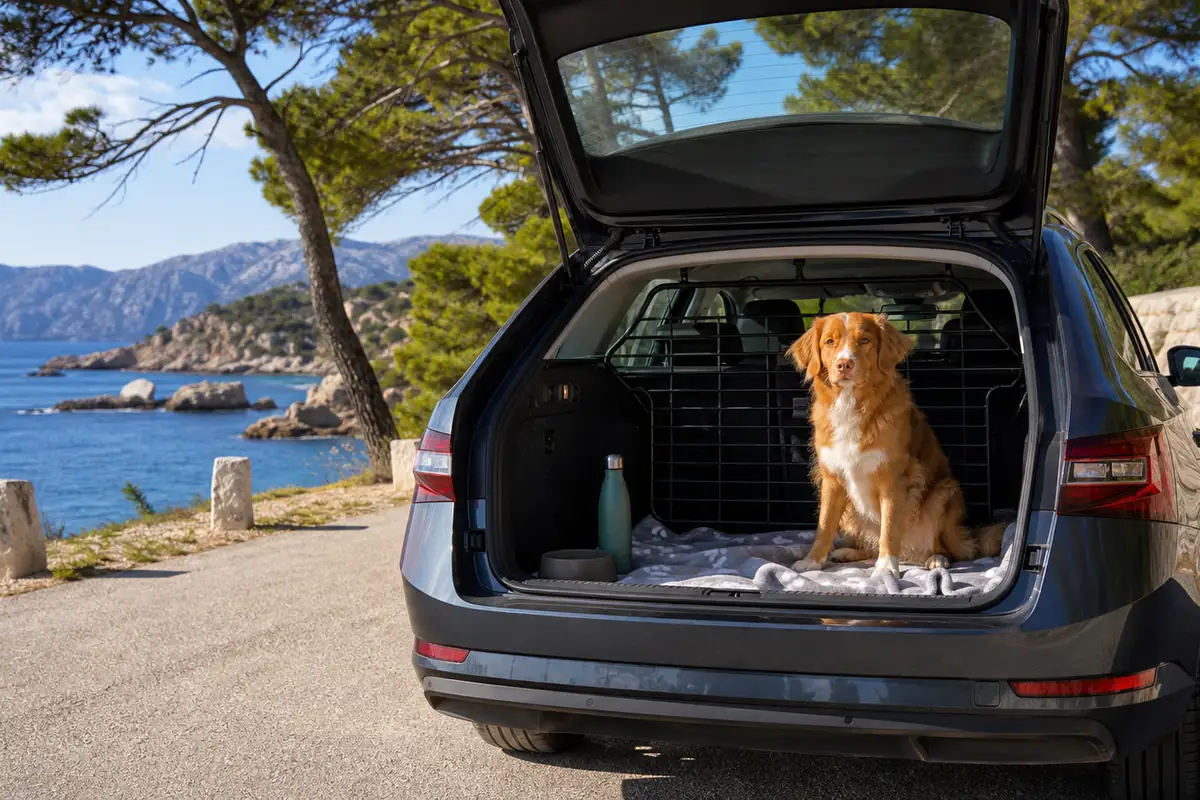 Hund in einem Kombi mit Reisegitter an einem Rastplatz an der kroatischen Küste
