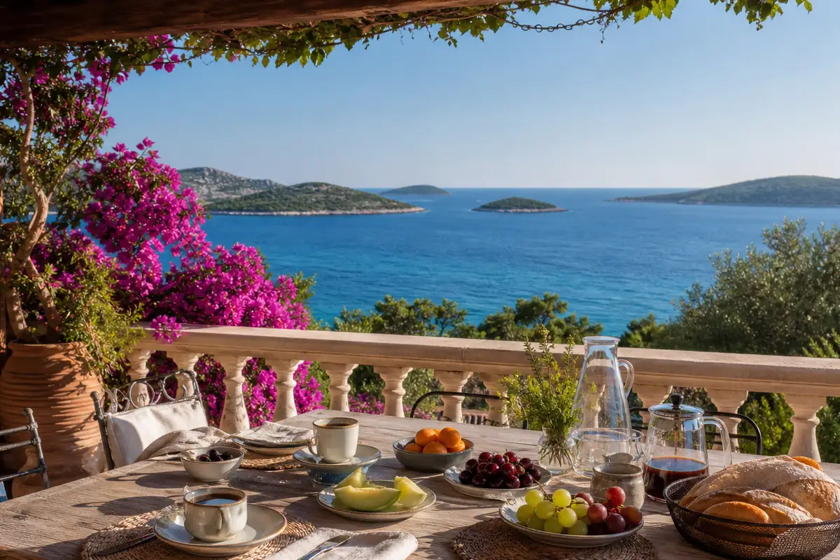 Beschattete Terrasse mit gedecktem Frühstückstisch und Blick auf eine Adriabucht
