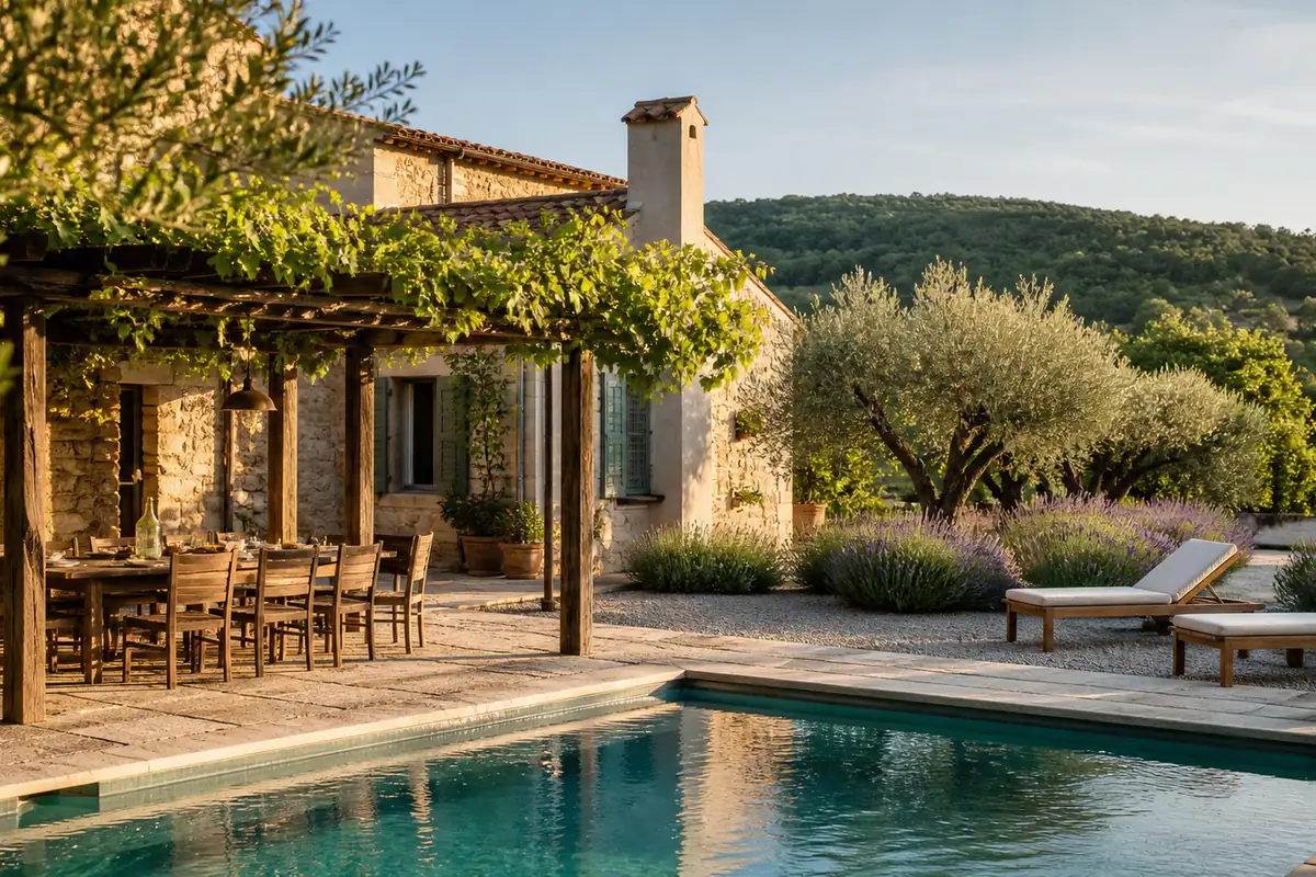 Poolterrasse mit Pergola und Olivenbäumen im istrischen Hinterland