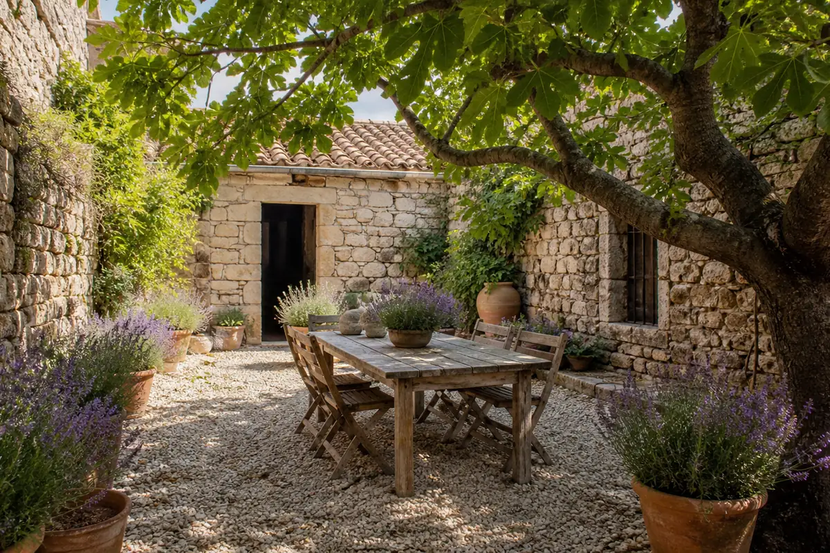 Ummauerter Innenhof eines dalmatinischen Steinhauses mit Feigenbaum