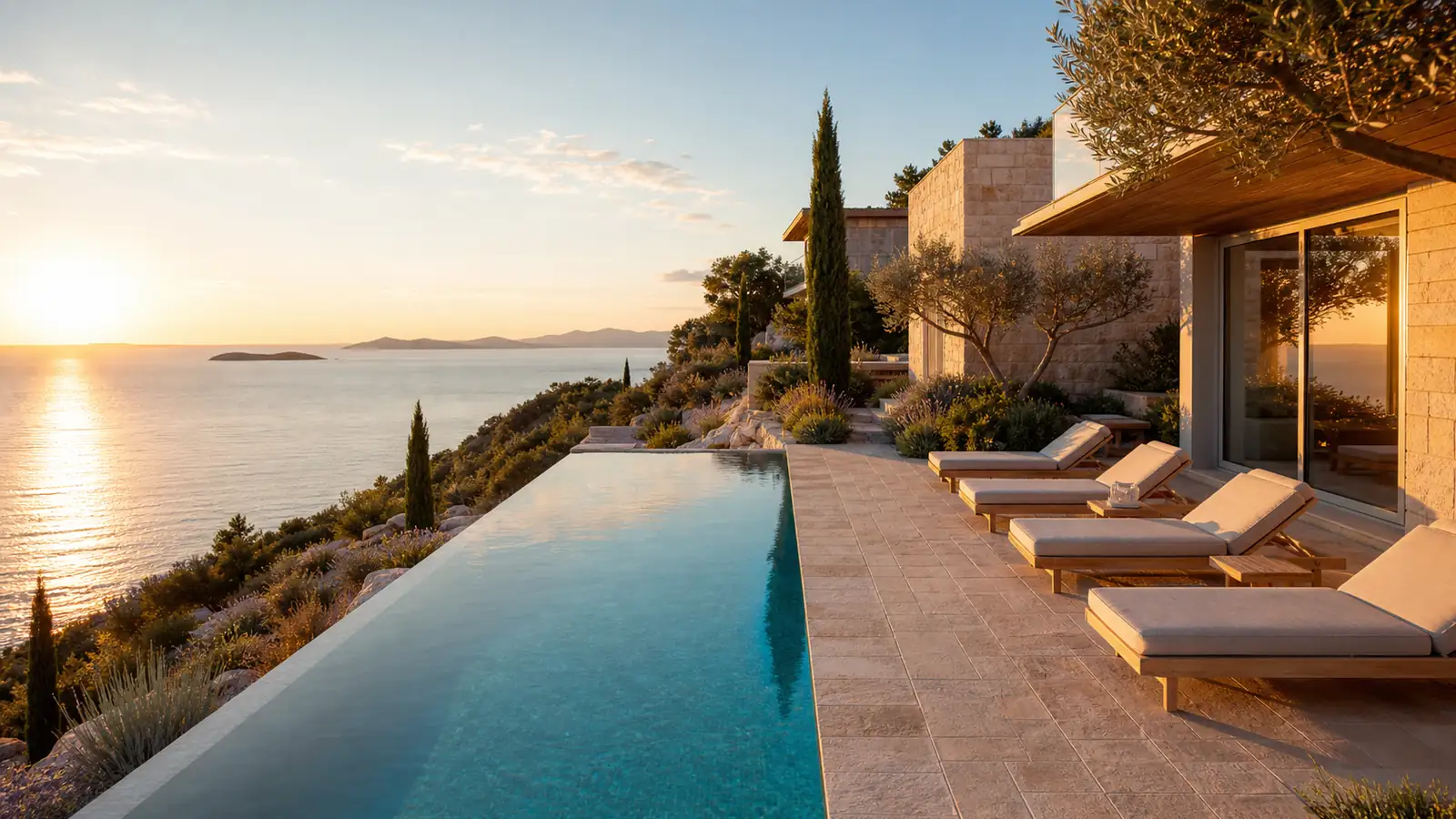 Moderne Villa mit Infinity-Pool über der Adria im Abendlicht