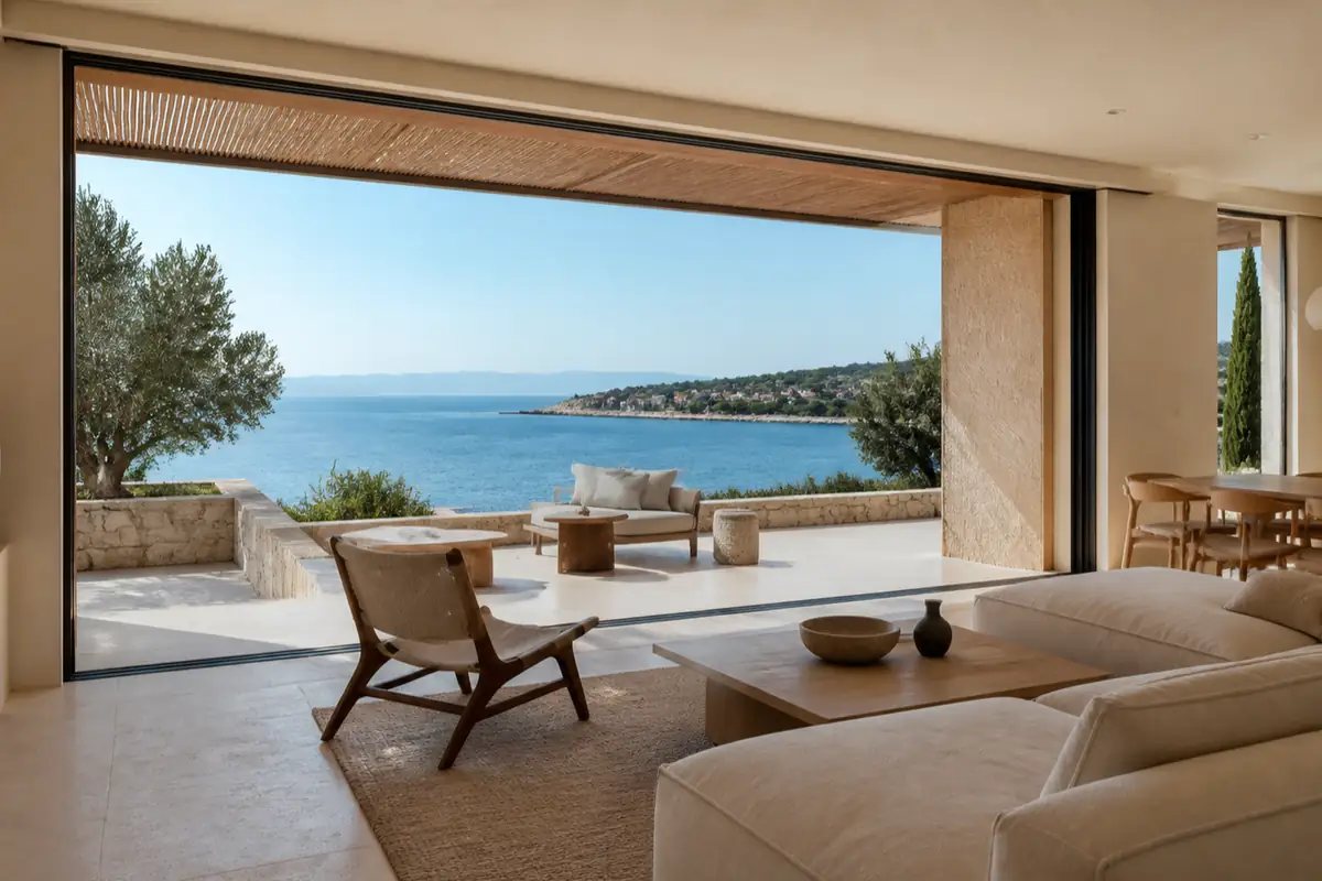 Offener Wohnbereich einer Luxusvilla mit raumhoher Glasfront zum Meer
