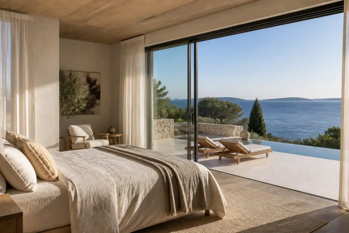 Helles Schlafzimmer einer Luxusvilla mit offener Glastür zur Terrasse und Meerblick