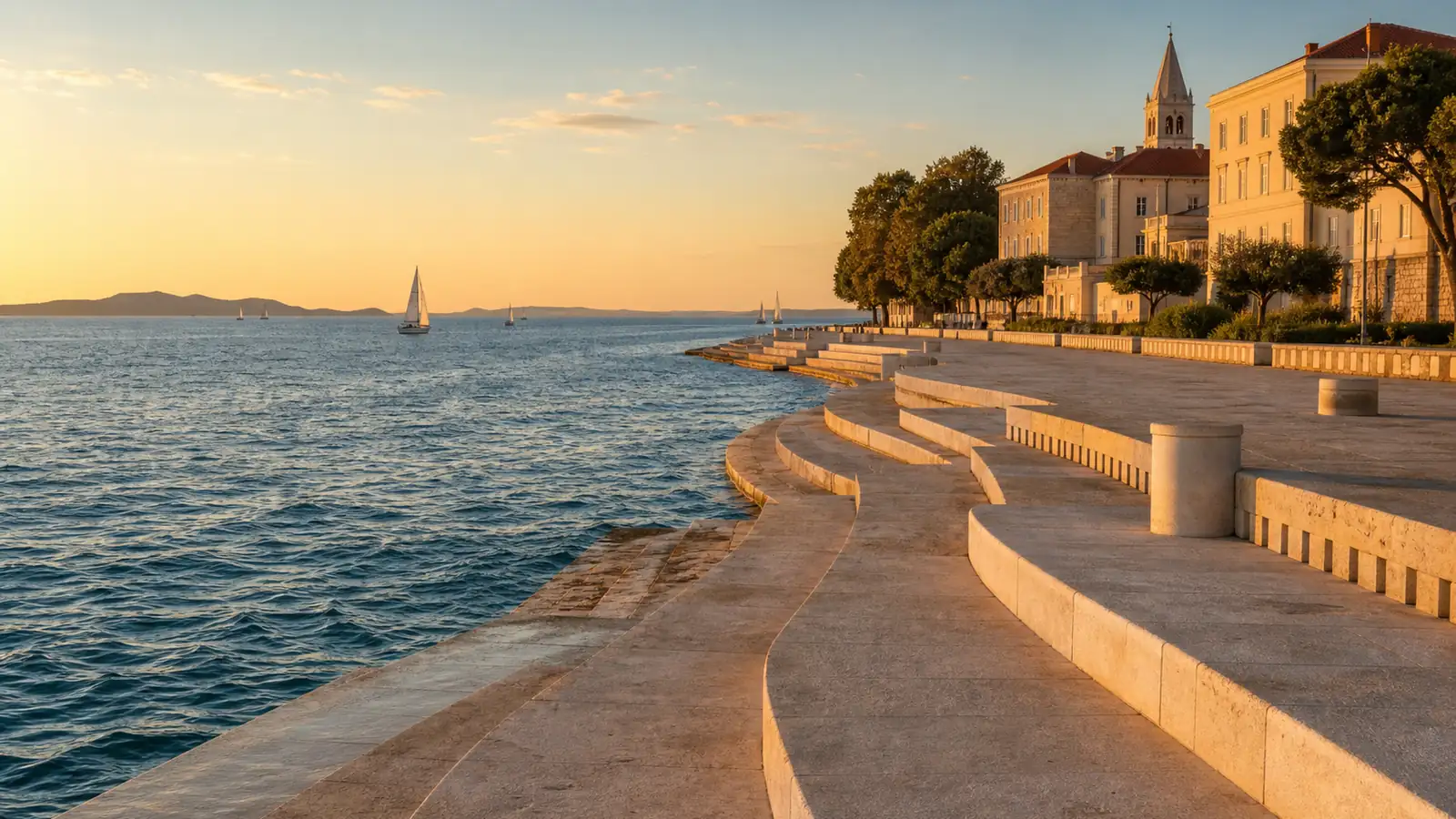 Die Uferpromenade Riva von Zadar mit den Stufen der Meeresorgel im Abendlicht